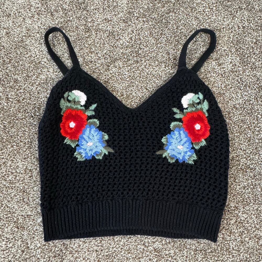 American Eagle Open Knit Floral Crop Sleeveless Top XS Boho Festival Retro 2018